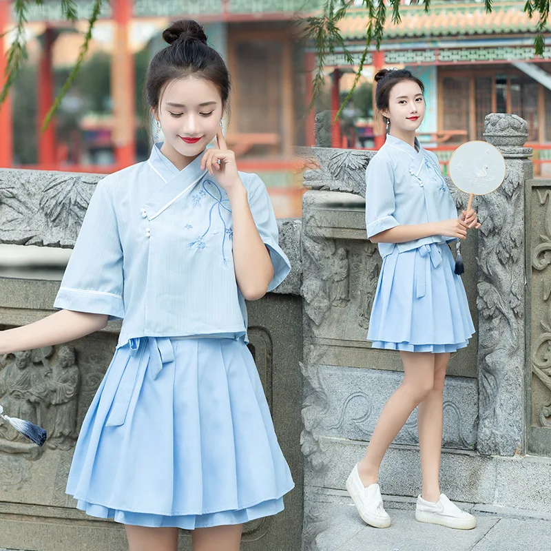 Hanfu Восточный Костюм китайская рубашка синяя плиссированная юбка Ципао летнее