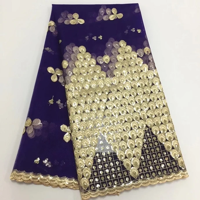 Кружевная ткань в африканском стиле золотистая фиолетовая французская Тюлевая