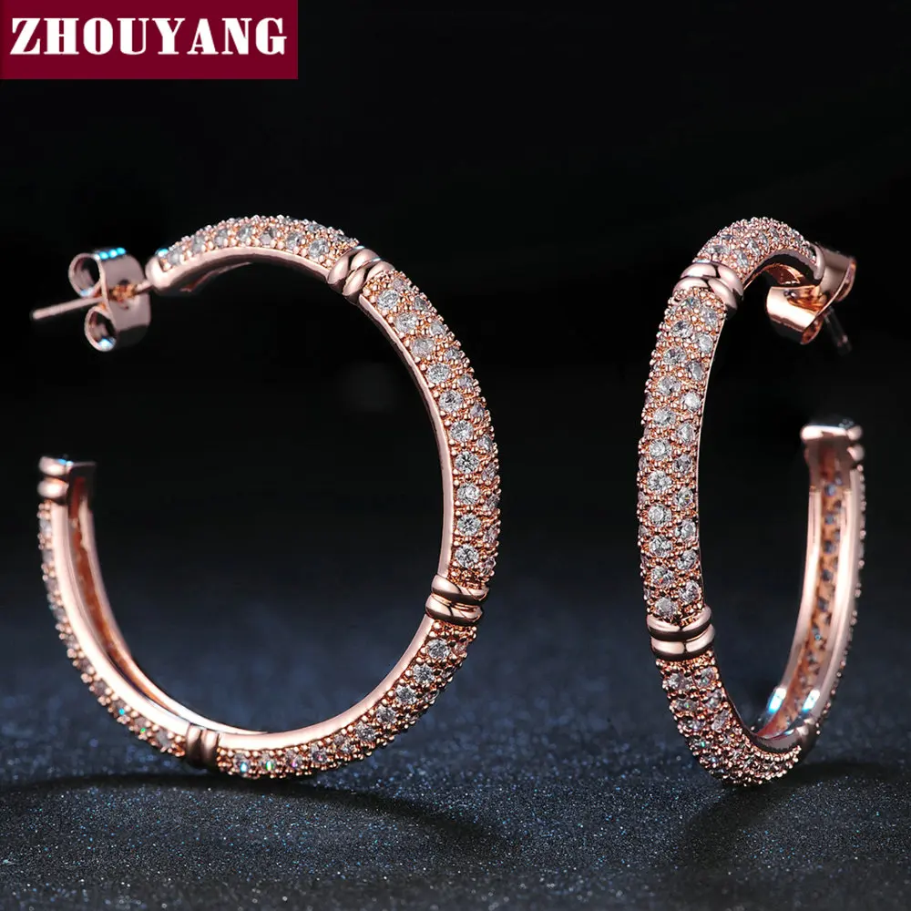 Серьги кольца ZHOUYANG ZYE617 с мозаикой из кристаллов ювелирные изделия цвета розового