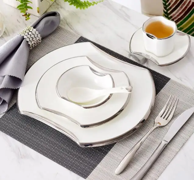 Free shipping 2018 Fashion 6-piece western plate steak tableware dish ceramic silver/gold rim bowl set house warming gift | Дом и сад