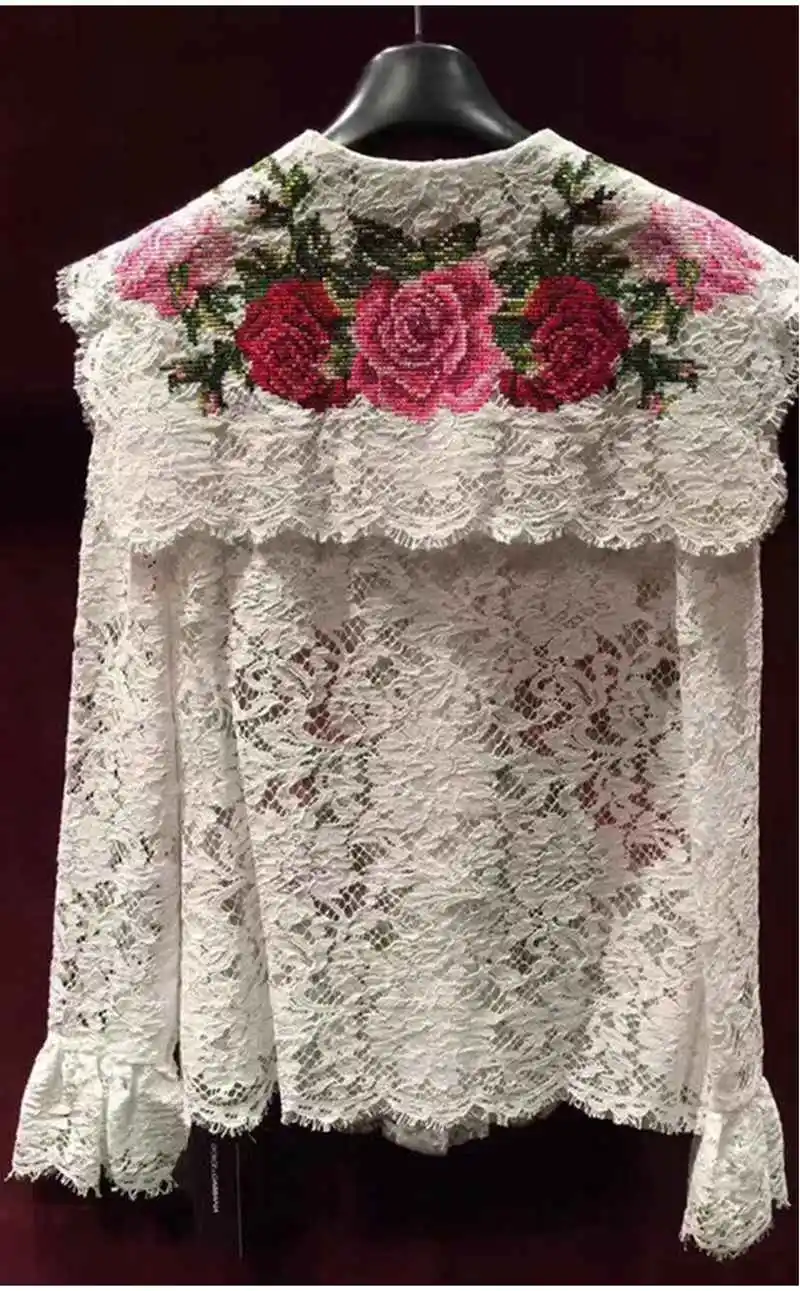 Женская блузка с цветочной вышивкой винтажная однобортная кружевная воротником