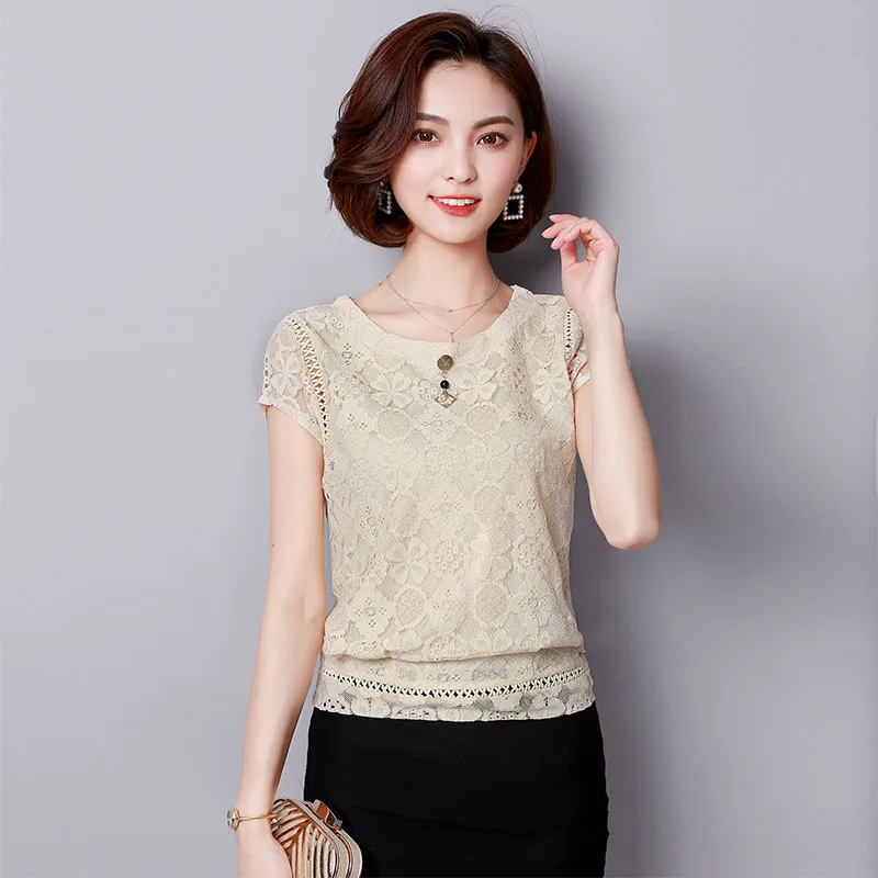 Бежевый Blusas Mujer De Moda, летняя женская кружевная блузка с коротким рукавом, модные женские рубашки размера плюс, Женские топы и блузки размера s 3XL - Цвет: Бежевый