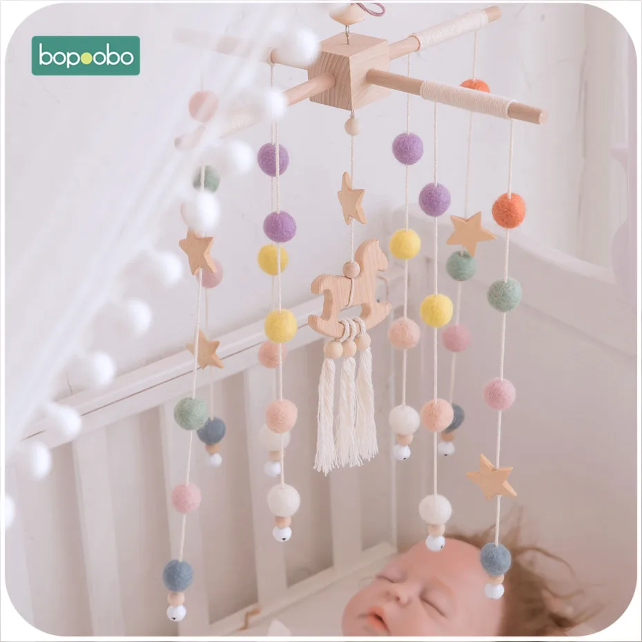 Bopoobo Baby Bed Hanging Rattles Toys Crib Mobiles Beech Wood Trojan Rattle Nursing Children Products Wool Balls Kid Room Decor  Игрушки