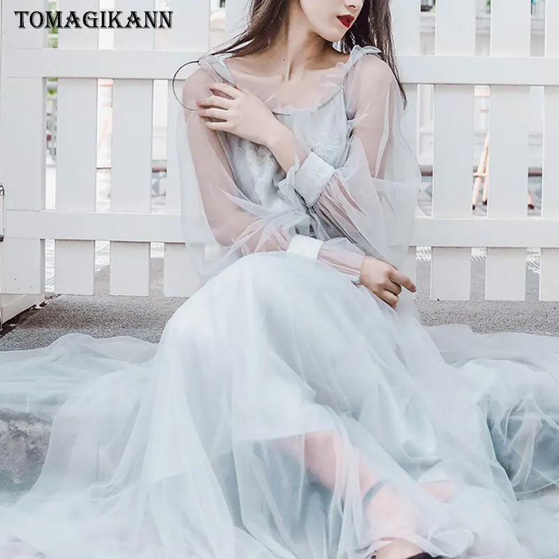 Соблазнительная прозрачная из тюли с вышивкой длинное платье 2019 круглым вырезом