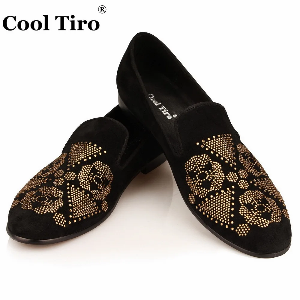 COOL TIRO Strass/мужские лоферы Черные замшевые шлепанцы без задника с золотыми цветами