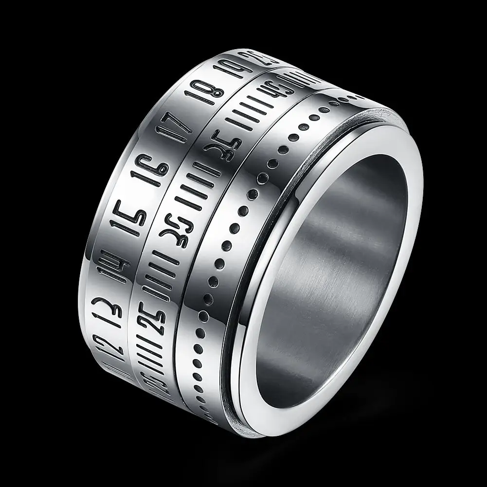 Unique Design Clock Time Shape Men Rings Silver Color Titanium Steel Rotating Ring Arabic Numerals Calendar Anel Masculino | Украшения и