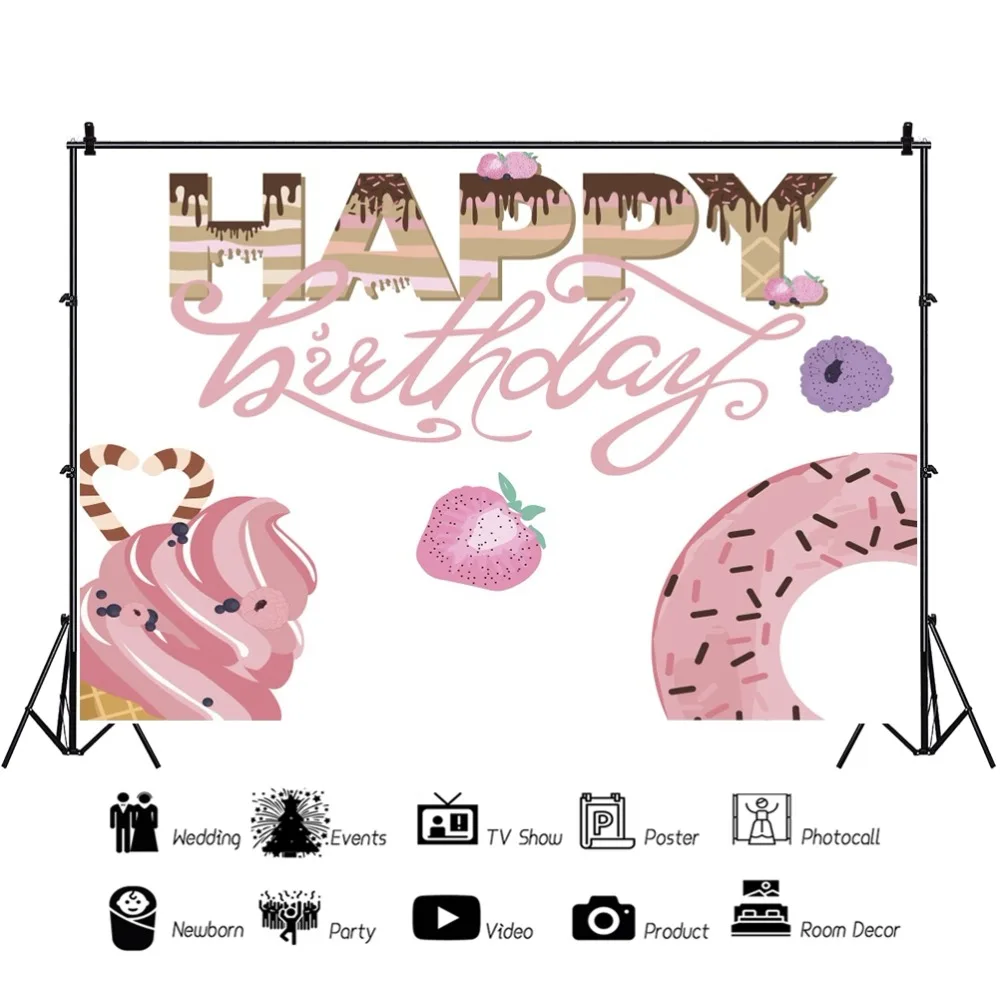 Yeele Happy Birthday Sweet Ice Cream Donut Strawberry Scene Baby Photography Backgrounds Photographic Backdrops For Photo Studio |