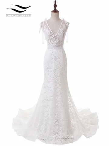 Женское свадебное платье с юбкой годе, элегантное кружевное платье на бретелях-спагетти с V-образным вырезом и шлейфом, свадебное платье 2018