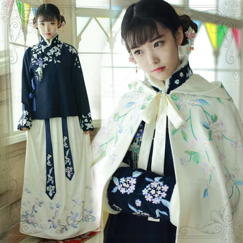 

Женский зимний комплект из 3 предметов, винтажная накидка с капюшоном, рубашка и юбка в китайском стиле, с вышивкой в виде снежного дождя и цветов, ханьфу, из смесовой шерсти