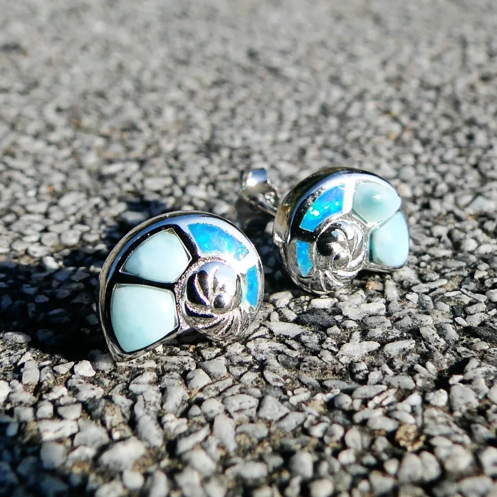 

Larimar&Opal Jewelry Lovely Snai Stud Earrings Natural Larimar Brinco Solid 925 Sterling Silver Stud Handcraft Snail Earrings