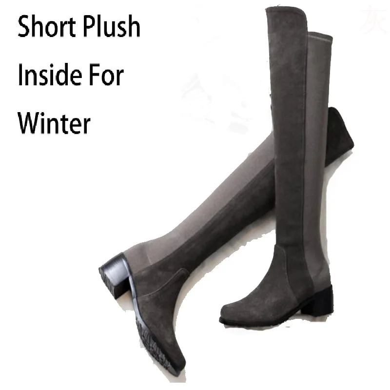 R Gray Winter Женские Лоскутные зимние высокие сапоги из коровьей кожи с коротким плюшем; сезон весна-осень; Сапоги выше колена из натуральной кожи с острым носком; ZY171021 - Цвет: R Gray Winter