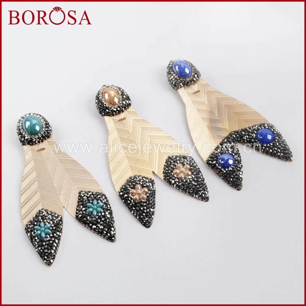 BOROSA Rhinestone Pave Crystal Leaf Shape Metal Slice Charm Handcrafted Drusy Women Fashion Jewelry Gems Mix Color JAB815 |