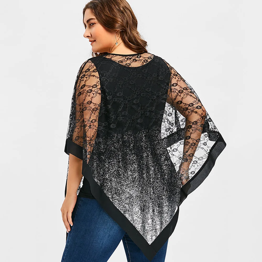 Wipalo Women Fashions Plus Size 5XL Sheer Asymmetric Lace Overlay Blouse 2019 Summer Three Quarter O Neck Tunic Tops Blusas|Блузки| |