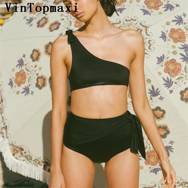 Купальник с узлом и высокой талией Женский комплект бикини на одно плечо летний