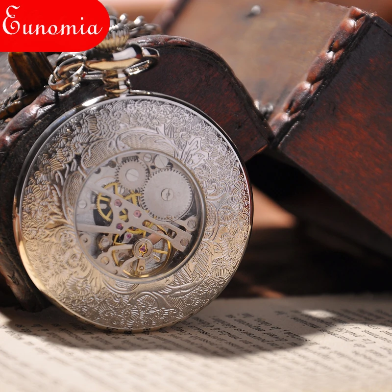 Круглые серебряные скелетоны стимпанк римские цифры карманные часы с цепочкой