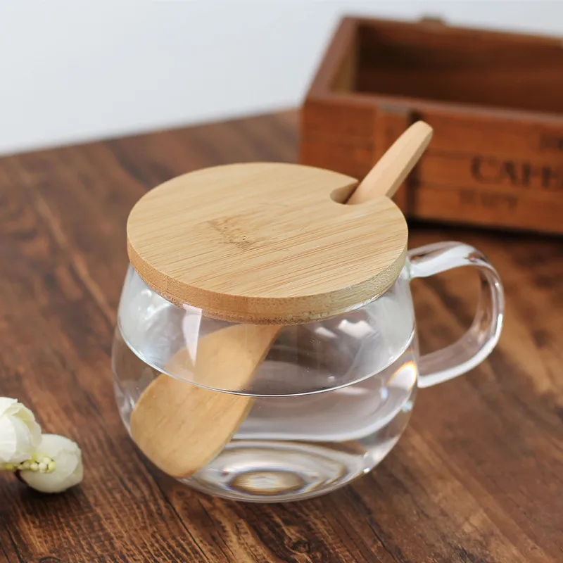 300ml flower cups transparent flowers cup glass coffee creative bamboo covered with a spoon heat-resistant | Дом и сад