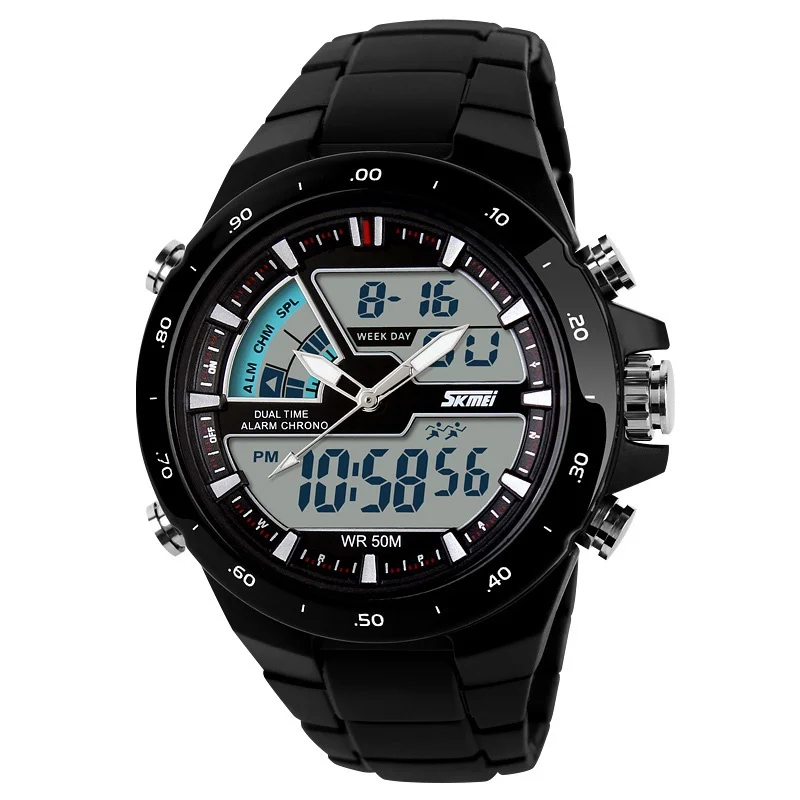 Черный SKMEI Relogio Masculino мужские спортивные часы Модные 2 раза Chrono кварцевые часы мужские s водонепроницаемые часы с двойным дисплеем - Цвет: Черный