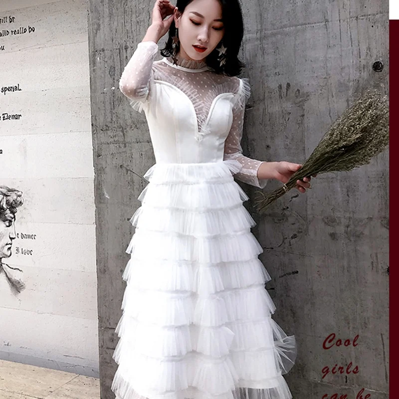 Белые платья для выпускного вечера, vestido de festa, длинный кружевной рукав, многослойные вечерние платья для девочек, платья на выпускной, TS1155