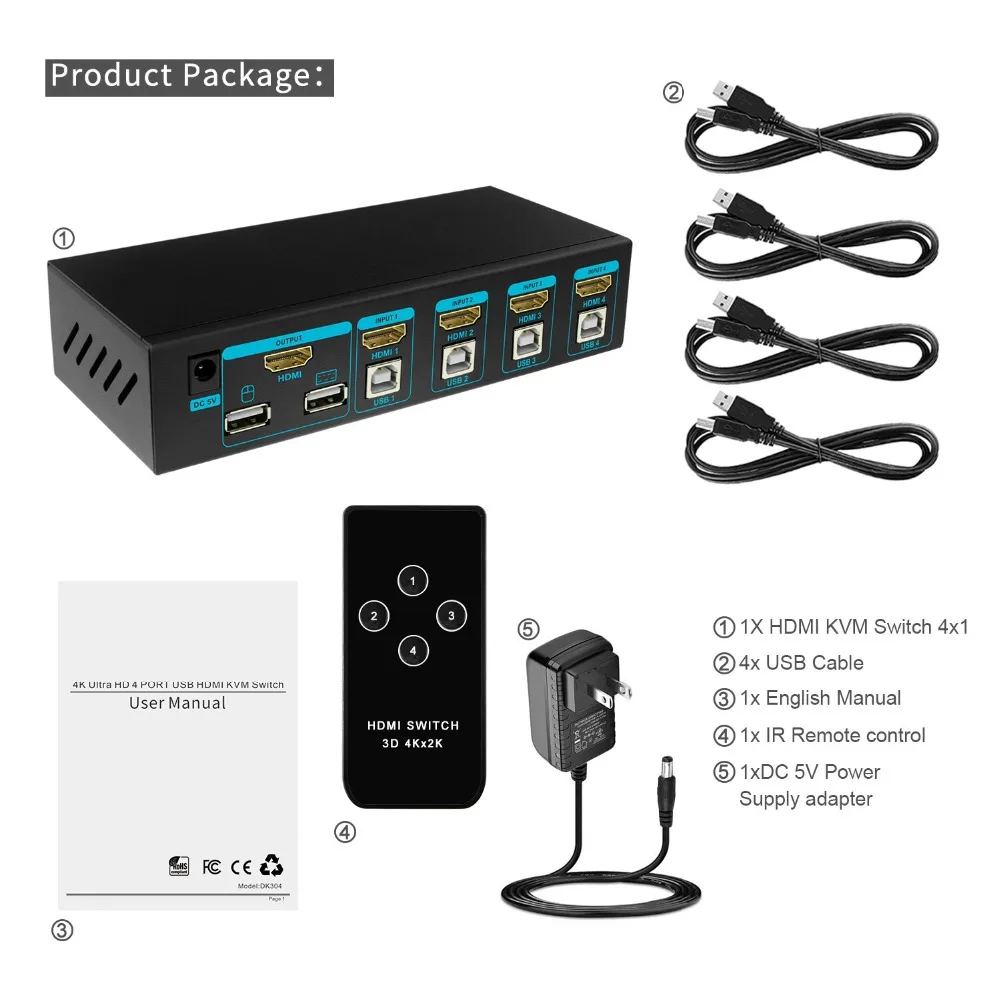 KVM-переключатель 2x1 4K HDMI USB 2 порта HDMI-переключатель 4x1 порт поддержки Ultra HD с