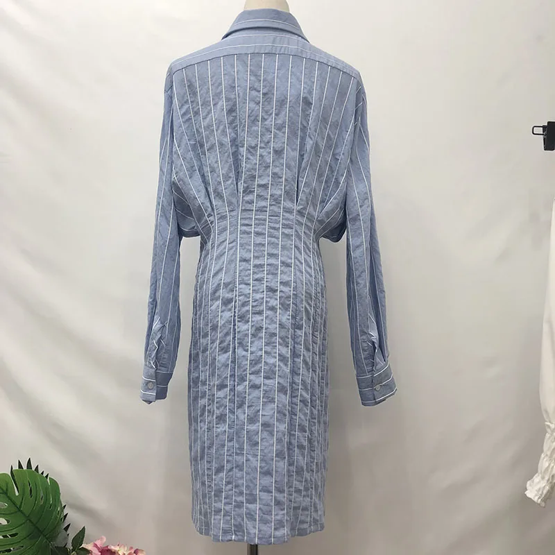 

Autumn Women Dress Korean Style Slim Waist Striped Shirt Dress Long Sleeve Knee Length Ladies Elegant Midi Dress Vestidos Jurken