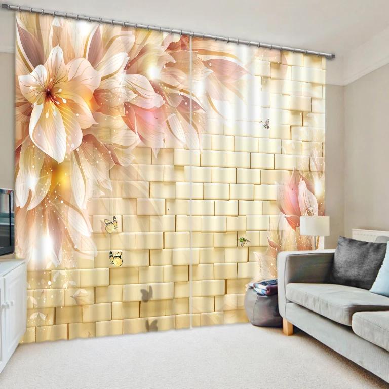 

European Curtains Photo Painted 3D Curtain Living room brick flower lily curtains