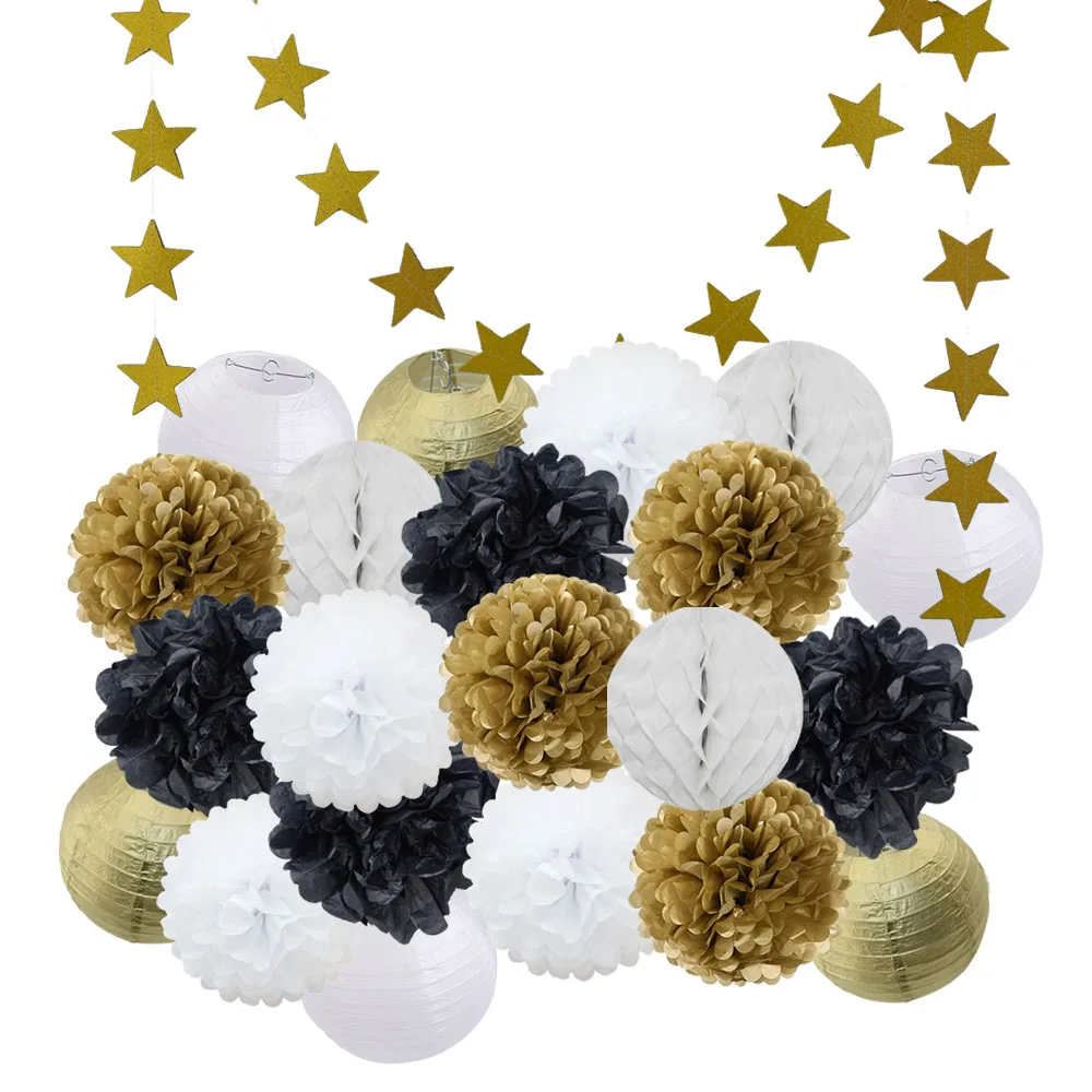 gold black set-2 Горячая 22 шт./компл. золото/черный/белый подвесной круглый бумажный фонарь для выпускное мероприятие праздничное украшение свадебный Декор бумажные ремесла - Цвет: gold black set-2