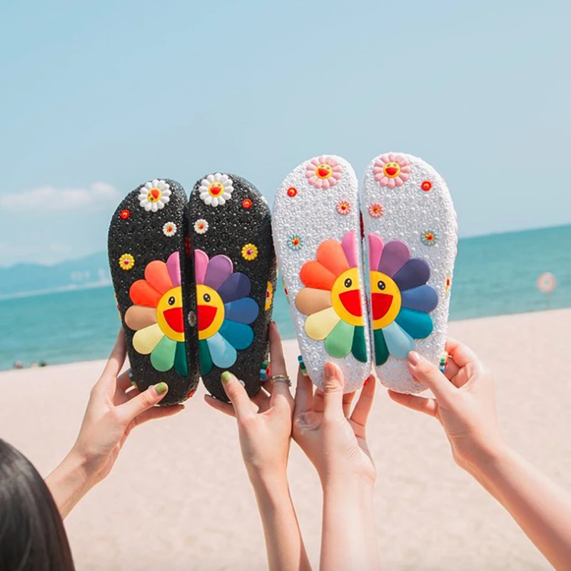 Женские шлепанцы 2019 милая женская обувь с цветными цветами на плоской платформе