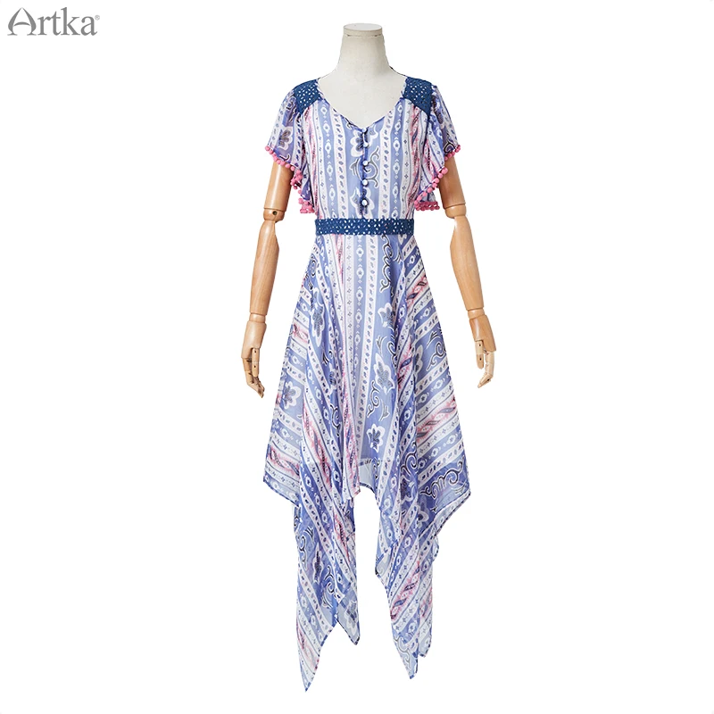 ARTKA 2019 Summer Women Chiffon Dress High Waist Print V-Neck Elegant Dresses For Back Hollow Out Design LA11790X | Женская одежда