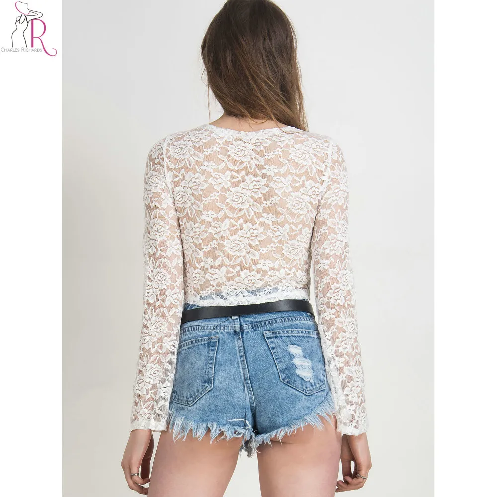 Для женщин Блузка Белый Кружево Растениеводство Топ с длинным Bell Sleeve Sheer бантом