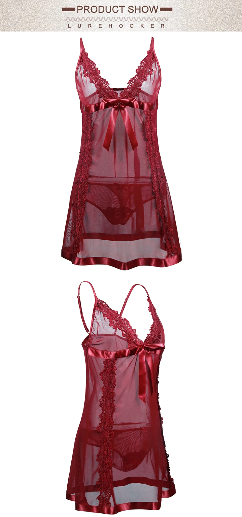 Lurehooker размера плюс сексуальное женское белье красное перспективное кружевное газовое платье для сна с глубоким v-образным вырезом и бантом Эротическое нижнее белье пижамы
