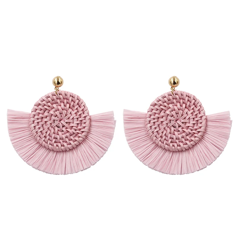 A23757-Pink Леопардовые плетеные Висячие серьги для женщин, богемная кисточка из рафии, серьги с геометрическим плетением из ротанга, трендовые серьги - Окраска металла: A23757-Pink