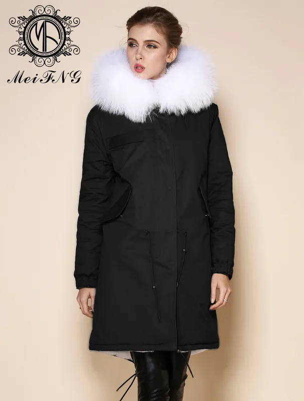 

plus size 2017 long black winter jacket womens coat wholesale thick parkas ladies white faux fur lined raccoon fur collar