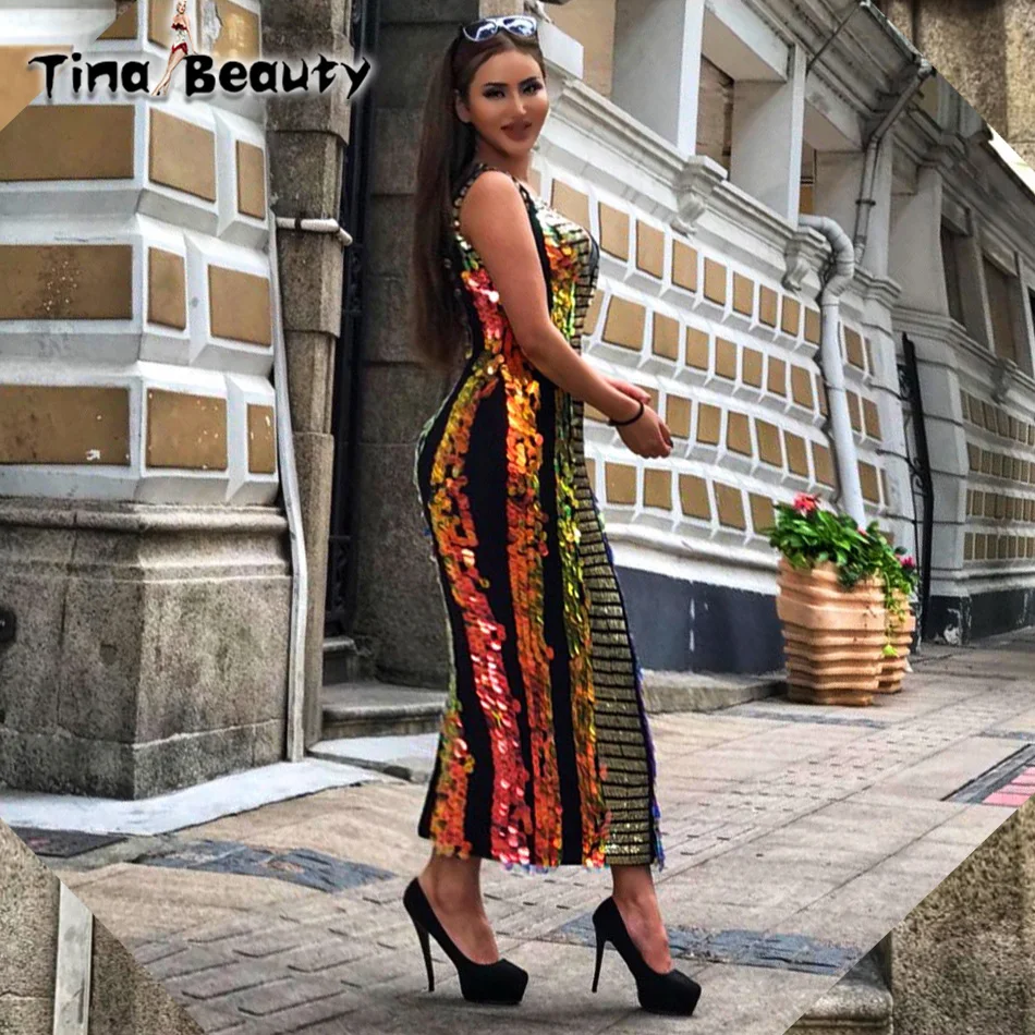 Женское вечернее платье макси Tina Beauty золотистое длинное без рукавов с блестками
