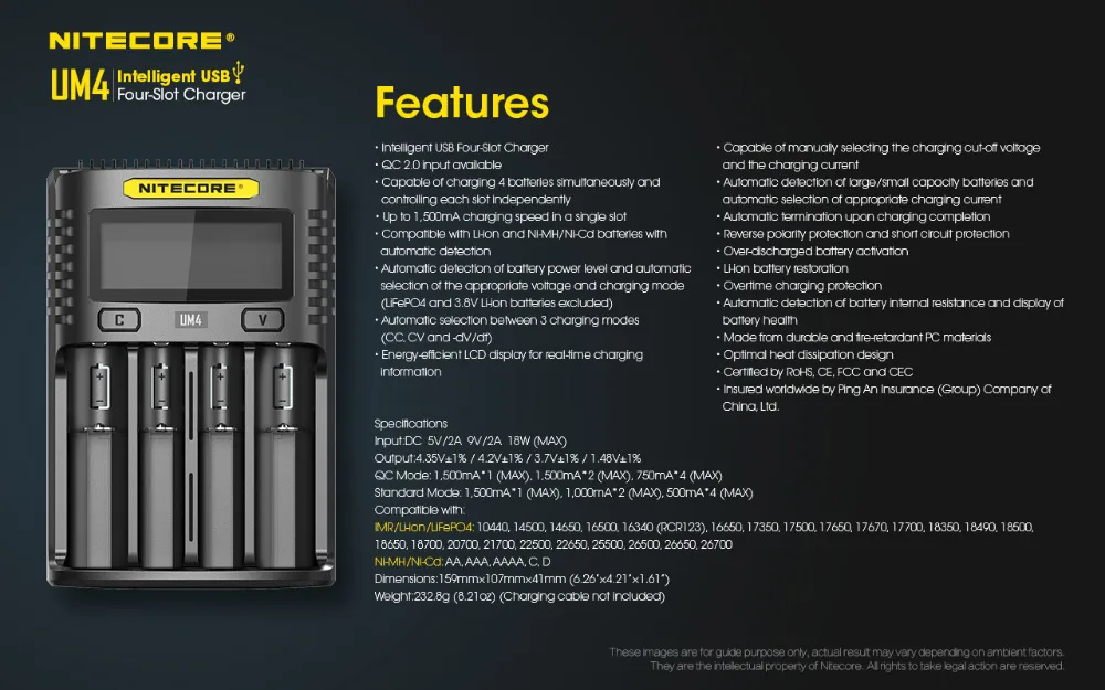 NITECORE UM2 UM4 SC4 для Li-Ion IMR LiFePO4 Ni-MH(NiCd) 18650 17650 17670 21700 14500 батареи USB QC зарядное устройство