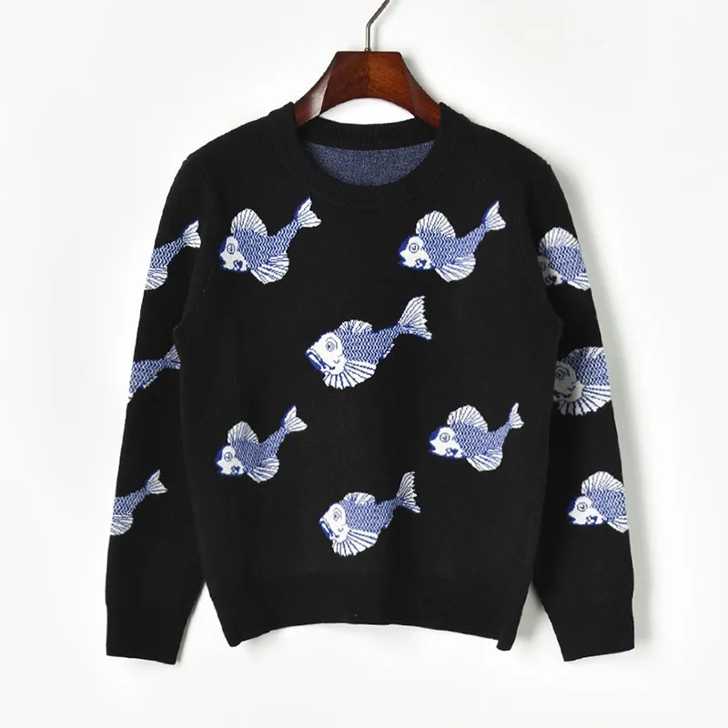 New Sweet Knitted Fishes Jacquard Sweaters Women 2019 Autumn High Street Warm Ladies Pullovers Party Elegant Jumpers Fashion Top | Женская