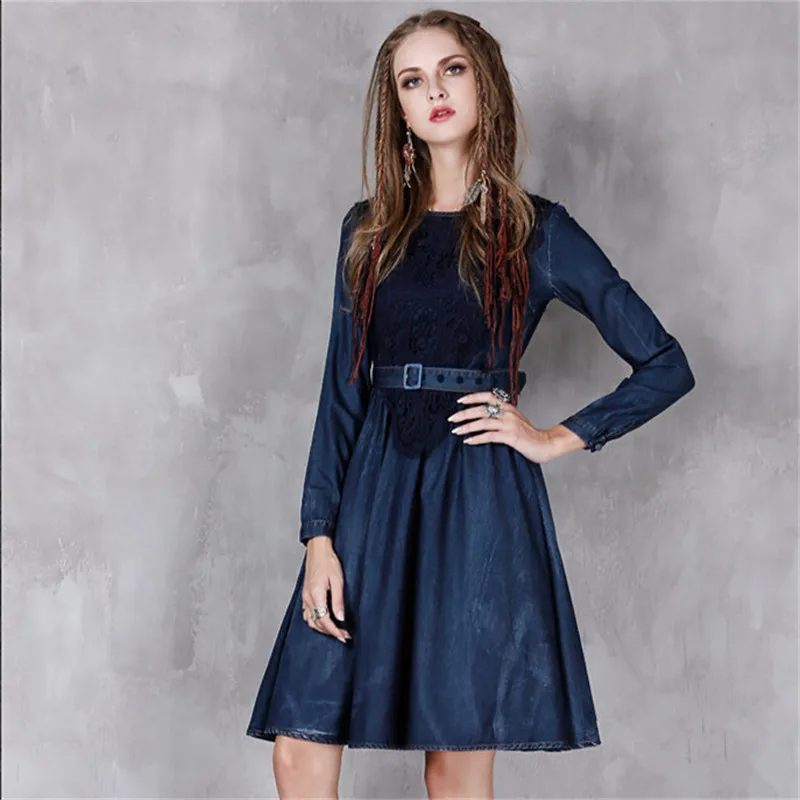 Винтажное Ковбойское осеннее платье 2017 новое из джинсовой ткани с поясом женское