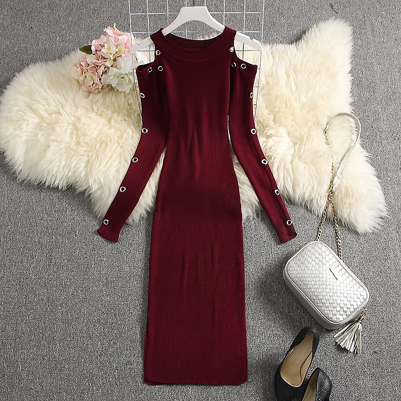 Женское вязаное платье ALPHALMODA с открытыми плечами и металлическими отверстиями