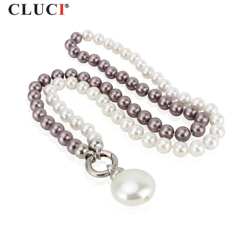 

CLUCI Hot Sale 10mm size withe White & Dark Purple and 25mm size Coin Akoya Shell Pearl Necklace