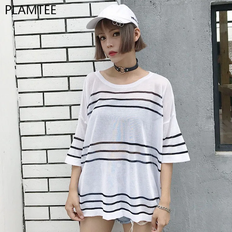 PLAMTEE Oversized Batwing Sleeve T-Shirts For Women Loose Summer Tops 2017 Fashion Striped Round Neck Female Knitted T Shirt | Женская