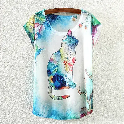 Новая модная женская футболка с коротким рукавом красочным принтом кота|tee top|fashion