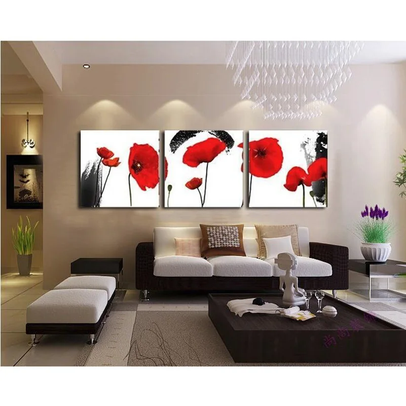 

Современная Настенная картина из 3 предметов, красные маки, цветочный принт на холсте, картина для гостиной, декор стен, картина (без рамки)