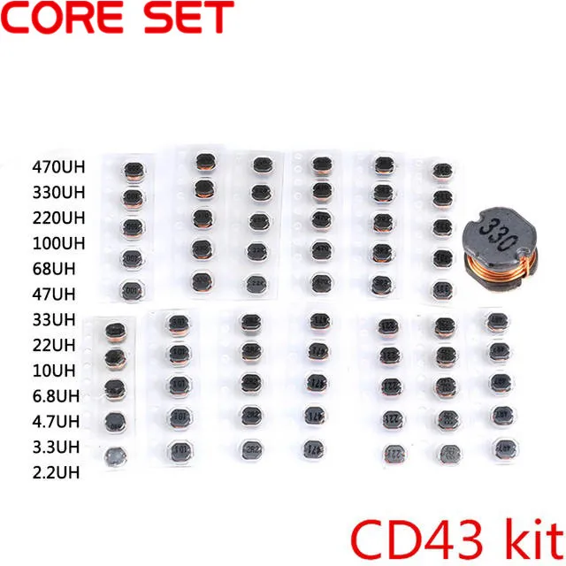 65PCS 13Values CD43 SMD Power Inductor Assortment Kit 2.2UH-470UH Chip Inductors High Quality CD43 Wire Wound Chip