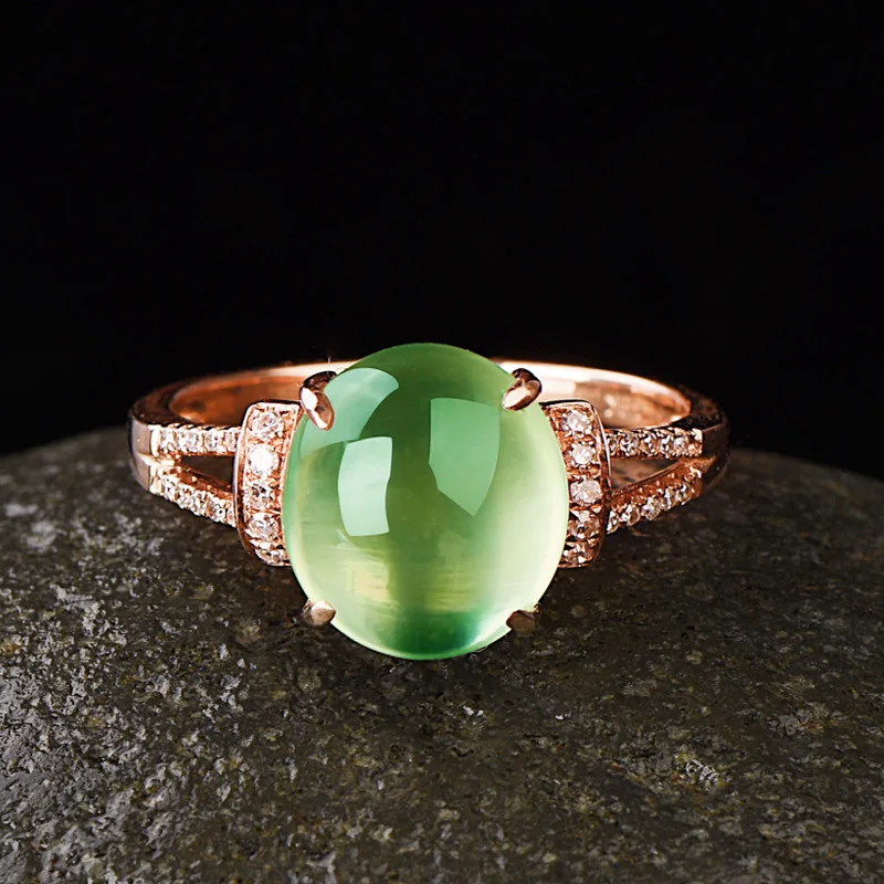 Natural Prehnite Halo Classic Prong Setting with Moissanite Anniversary Ring Solid 14K Rose Gold Birthday Gift | Украшения и