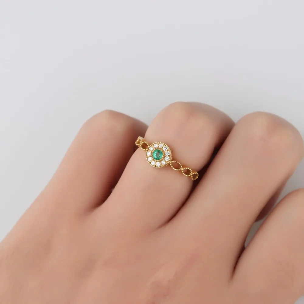 

LASAMERO 0.14CT Round Shape Natural Emerald Halo Diamond Accents Art Deco Vintage 18k Yellow Gold Engagement Wedding Ring