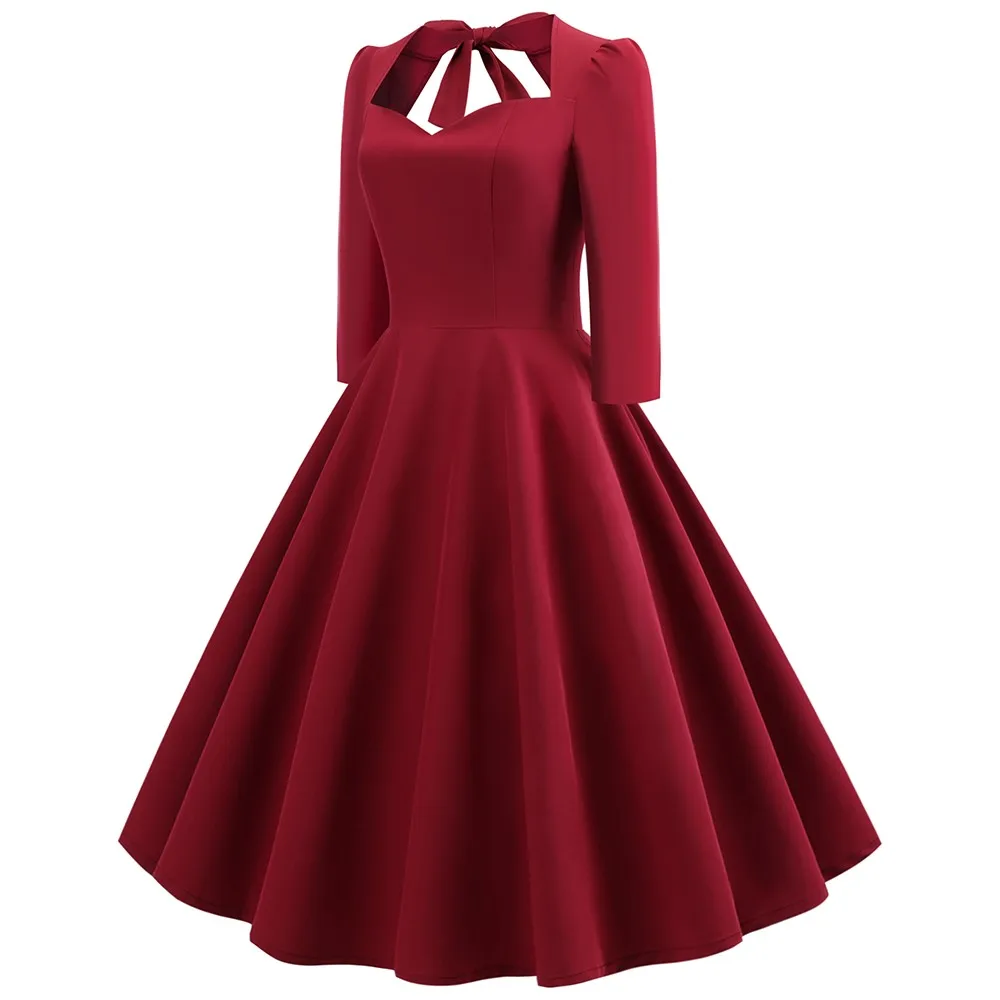 Vintage Dress Women Autumn Burgundy Tunic Bowknot Pleated Stylish Sexy Backless 2019 Elegant Casual Party 1950s Retro Midi | Женская
