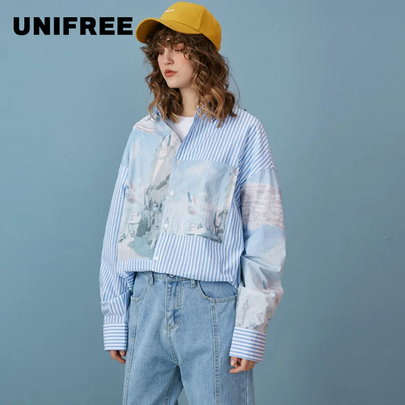 UNIFREE 2019 Новое поступление лето рубашка женская в синюю и белую полоску свободная