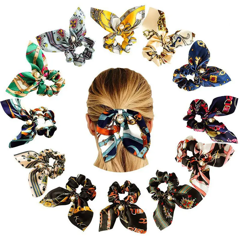 

2pcs Bowknot Silk Hair Scrunchies Set Women Pearls Hair Accessories Rubber Hair Rope Ponytail Holder Bow Hair Tie Band Scrunchie