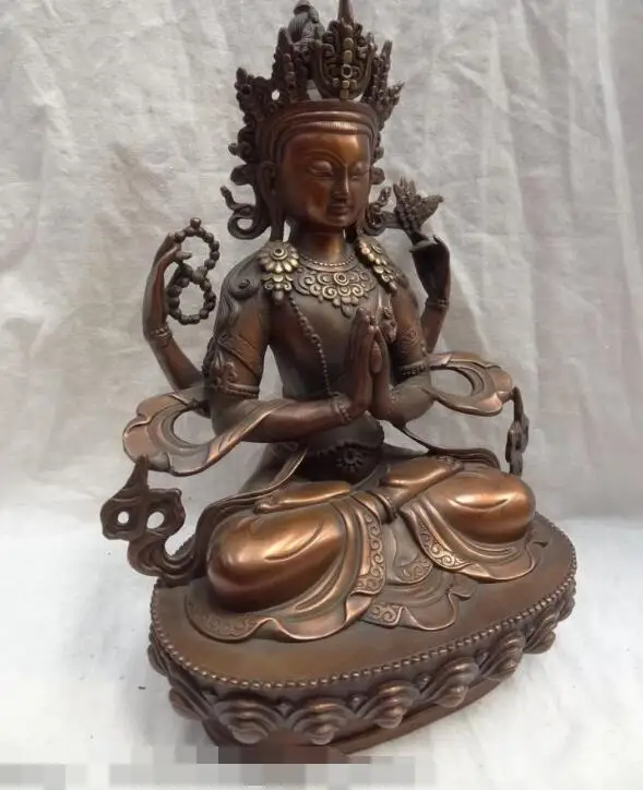 

Free shipping S02047 12" Chinese Pure Bronze Goddess Guan Yin Tibet 4 Arms Chenrezig Buddha Statue