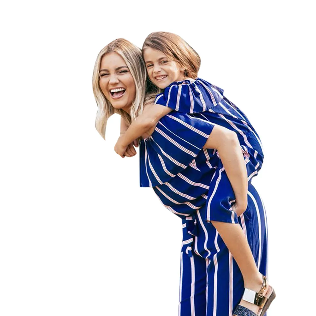 2019 High Fashion Bandage Stripe Mommy＆Me Family Women Ruffled Off Shoulder Striped Print One-Piece Jumpsuit Drop Shipping | Женская