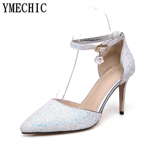YMECHIC/2018 женские свадебные туфли на высоком каблуке с блестками и ремешком